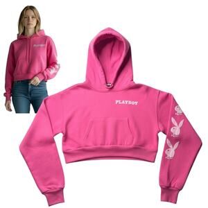 Playboy Cropped Hoodie Womens Small Sweatshirt Pink White Bunny Logo Cotton Poly